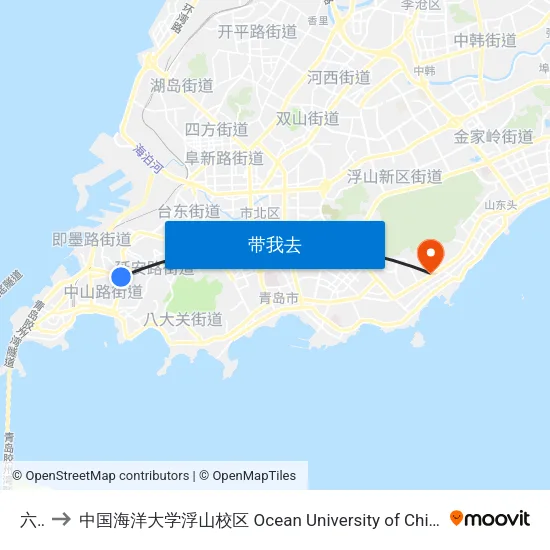 六中 to 中国海洋大学浮山校区 Ocean University of China (Fushan Campus) map