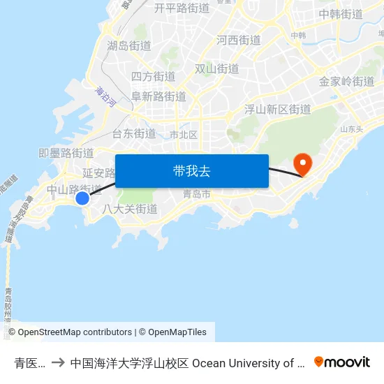 青医附院 to 中国海洋大学浮山校区 Ocean University of China (Fushan Campus) map