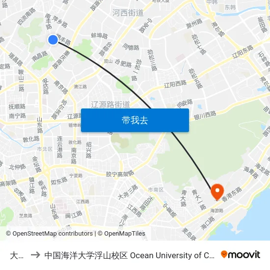 大山村 to 中国海洋大学浮山校区 Ocean University of China (Fushan Campus) map