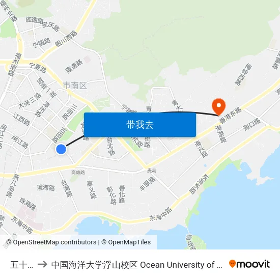 五十七中 to 中国海洋大学浮山校区 Ocean University of China (Fushan Campus) map