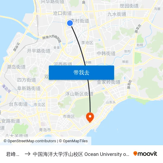 君峰路北站 to 中国海洋大学浮山校区 Ocean University of China (Fushan Campus) map