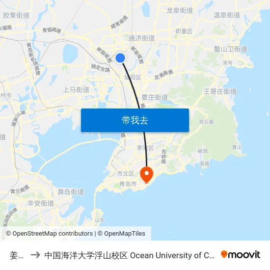 姜戈庄 to 中国海洋大学浮山校区 Ocean University of China (Fushan Campus) map