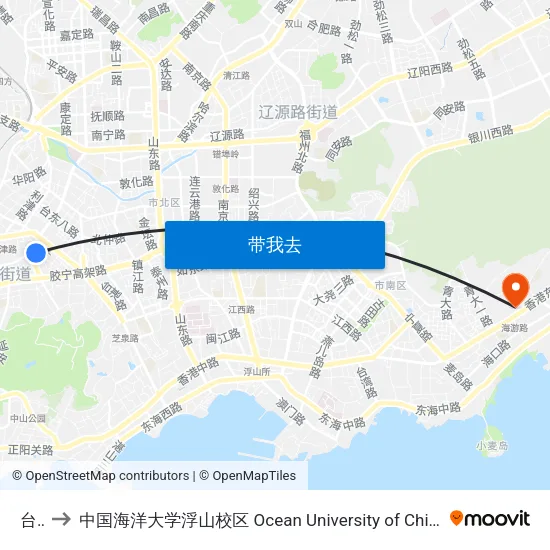 台东 to 中国海洋大学浮山校区 Ocean University of China (Fushan Campus) map