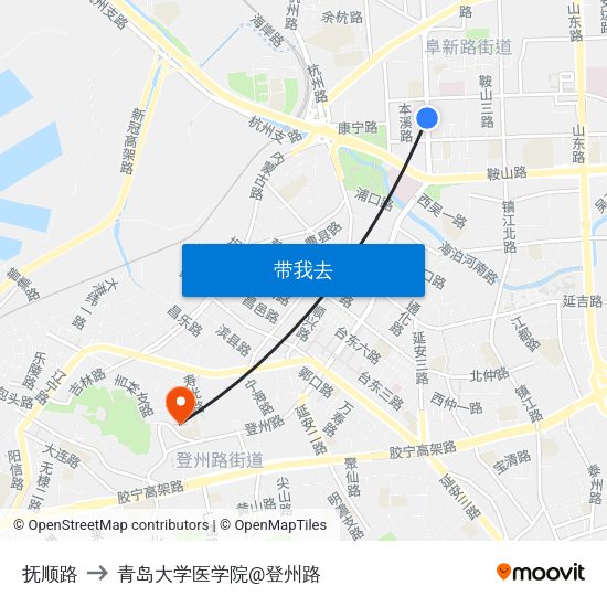 抚顺路 to 青岛大学医学院@登州路 map