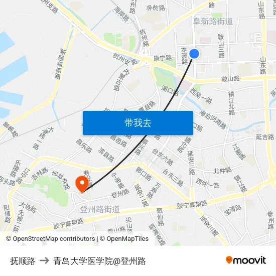 抚顺路 to 青岛大学医学院@登州路 map
