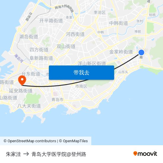 朱家洼 to 青岛大学医学院@登州路 map