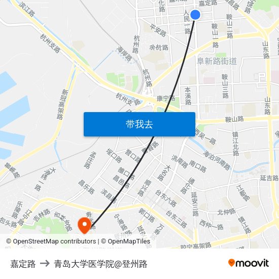 嘉定路 to 青岛大学医学院@登州路 map
