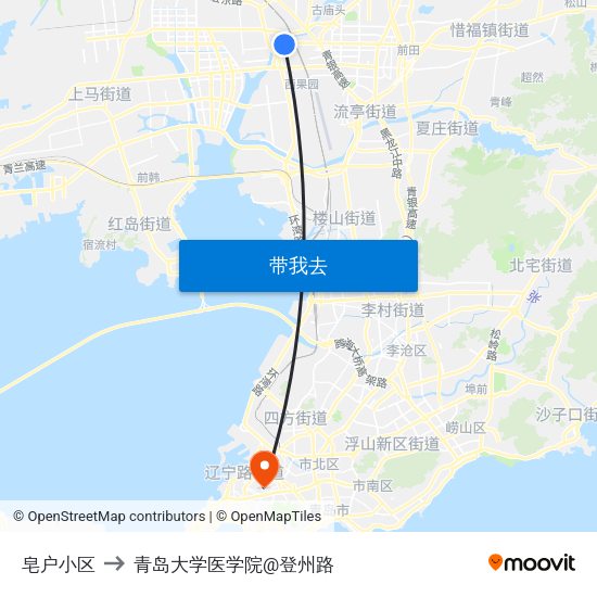 皂户小区 to 青岛大学医学院@登州路 map