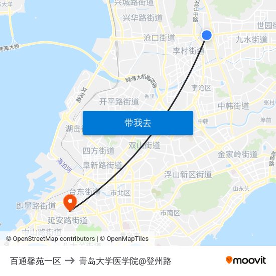 百通馨苑一区 to 青岛大学医学院@登州路 map
