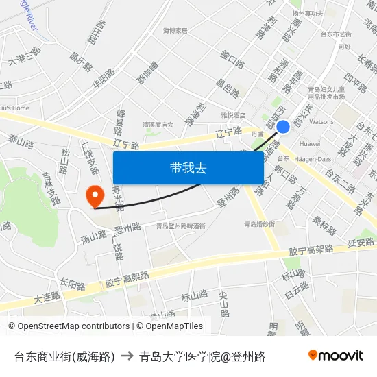 台东商业街(威海路) to 青岛大学医学院@登州路 map