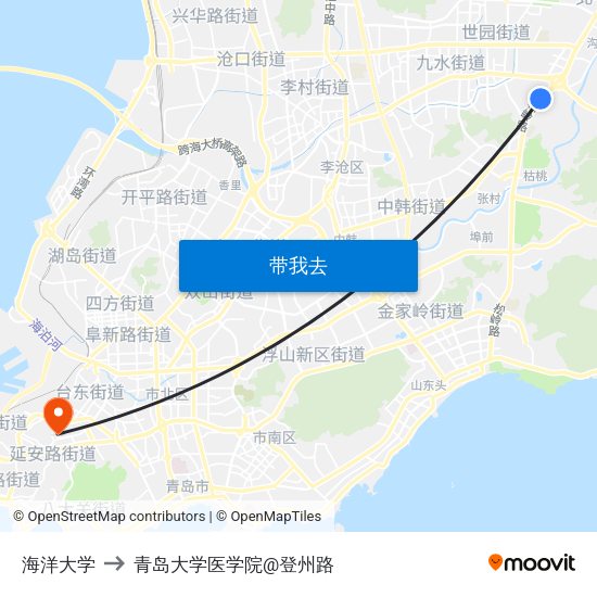 海洋大学 to 青岛大学医学院@登州路 map