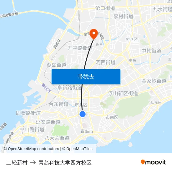 二轻新村 to 青岛科技大学四方校区 map