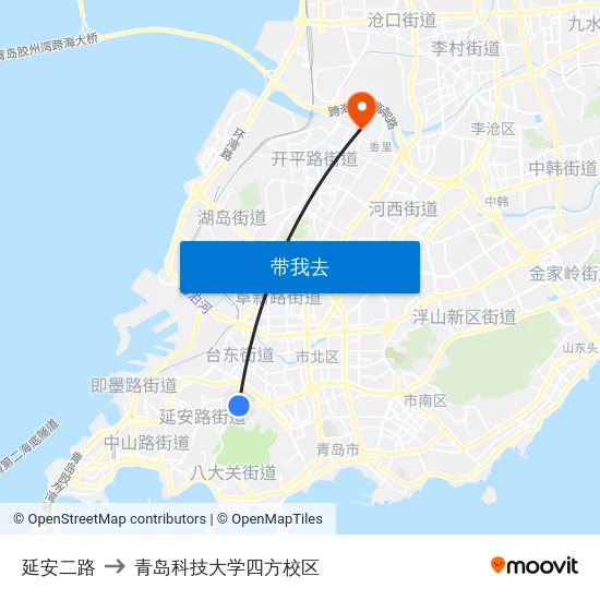 延安二路 to 青岛科技大学四方校区 map