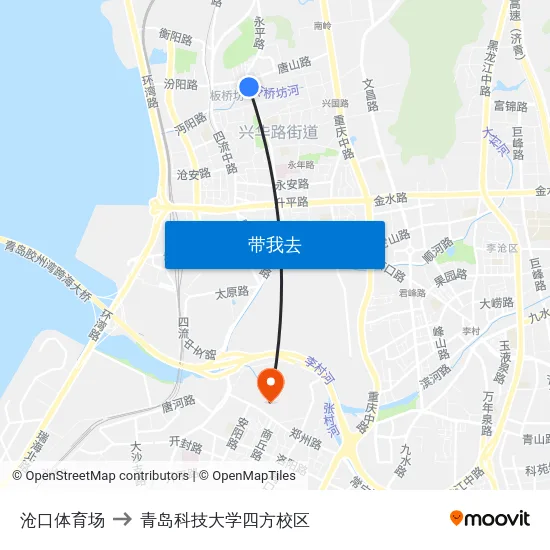沧口体育场 to 青岛科技大学四方校区 map