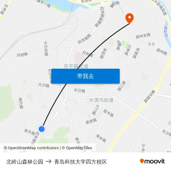 北岭山森林公园 to 青岛科技大学四方校区 map