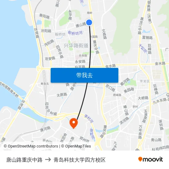 唐山路重庆中路 to 青岛科技大学四方校区 map