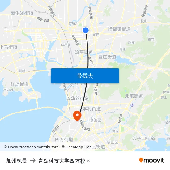 加州枫景 to 青岛科技大学四方校区 map