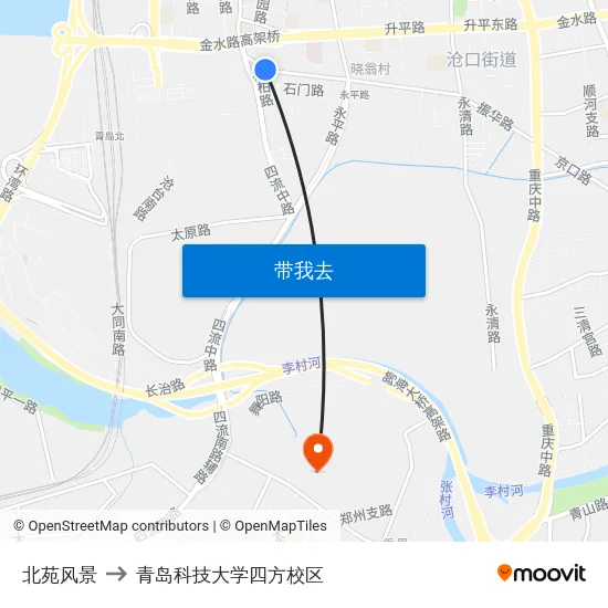 北苑风景 to 青岛科技大学四方校区 map