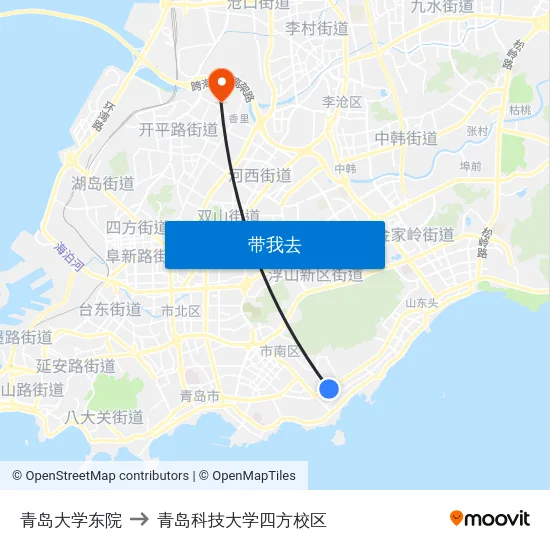 青岛大学东院 to 青岛科技大学四方校区 map
