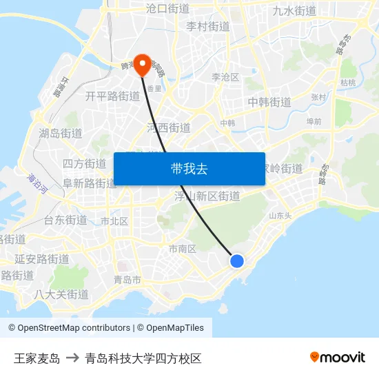 王家麦岛 to 青岛科技大学四方校区 map