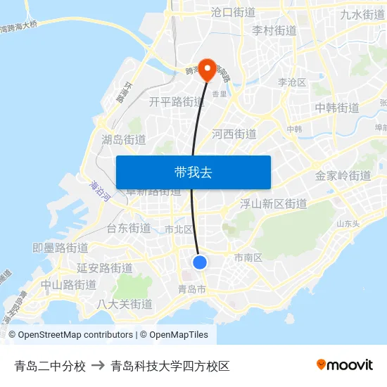 青岛二中分校 to 青岛科技大学四方校区 map