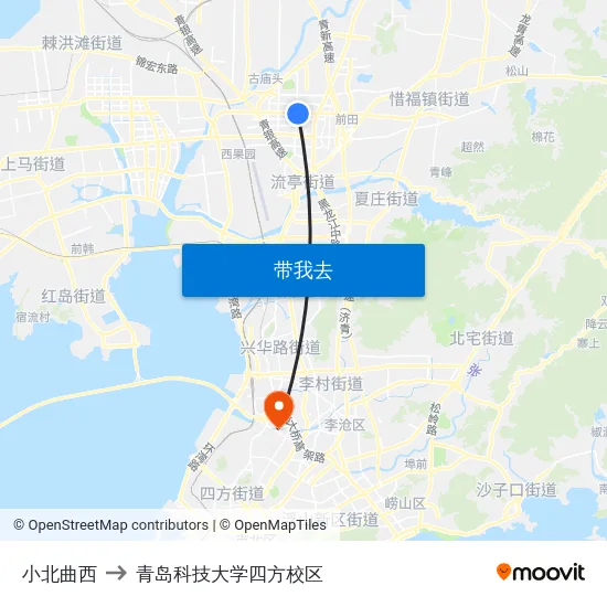 小北曲西 to 青岛科技大学四方校区 map