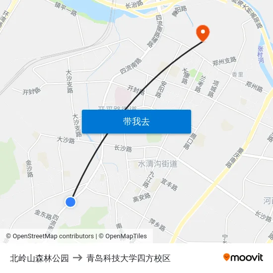 北岭山森林公园 to 青岛科技大学四方校区 map