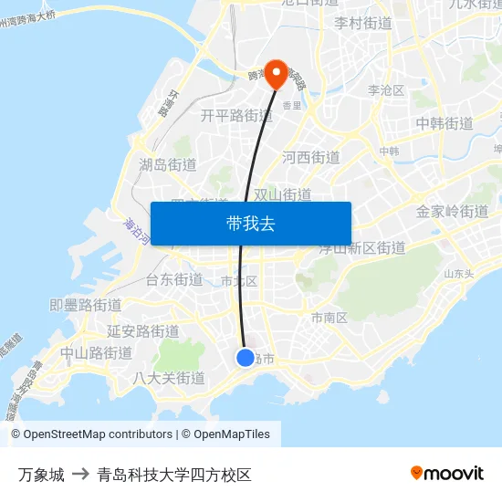 万象城 to 青岛科技大学四方校区 map