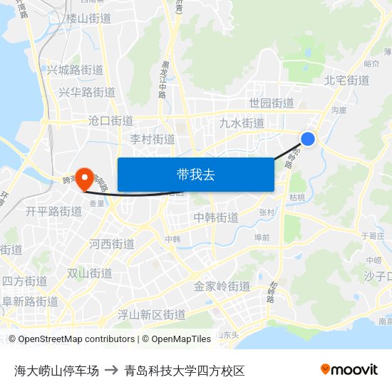 海大崂山停车场 to 青岛科技大学四方校区 map