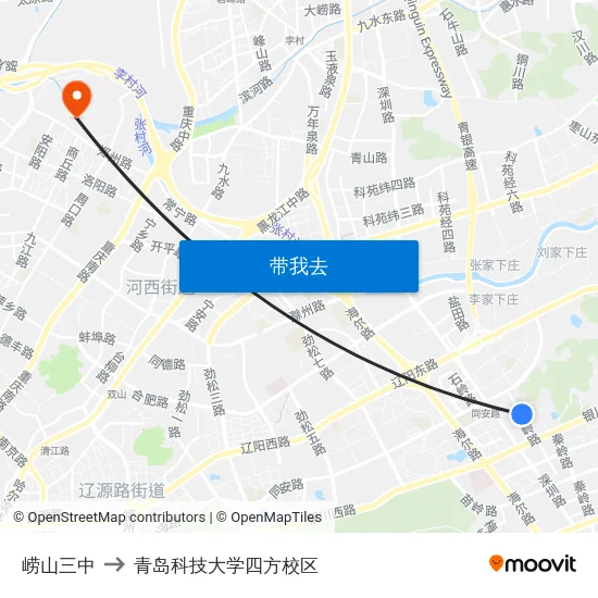 崂山三中 to 青岛科技大学四方校区 map