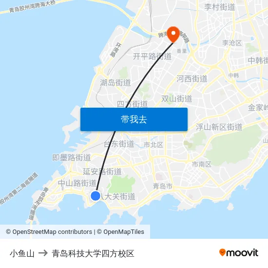 小鱼山 to 青岛科技大学四方校区 map