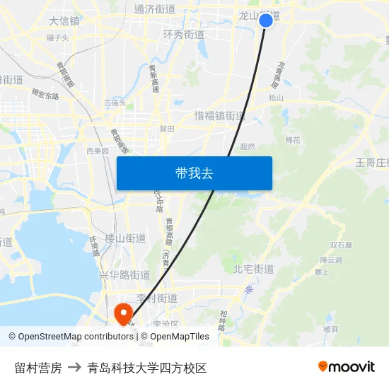 留村营房 to 青岛科技大学四方校区 map
