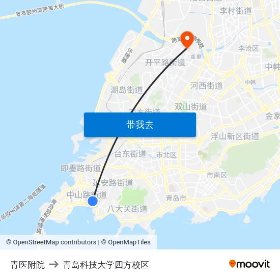 青医附院 to 青岛科技大学四方校区 map