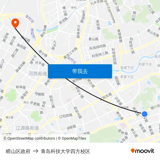 崂山区政府 to 青岛科技大学四方校区 map