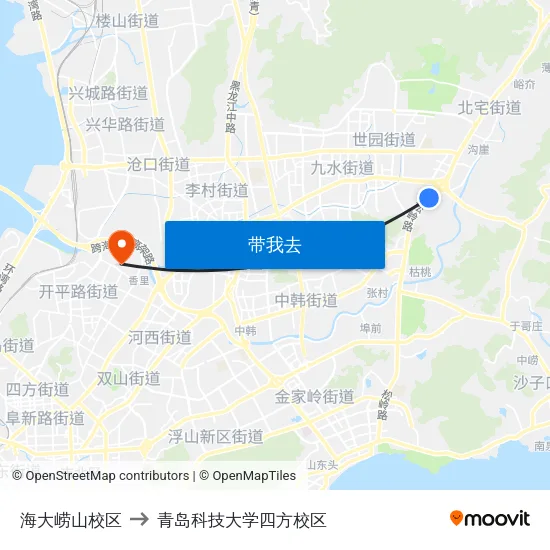 海大崂山校区 to 青岛科技大学四方校区 map