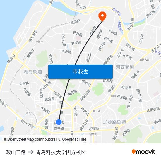 鞍山二路 to 青岛科技大学四方校区 map