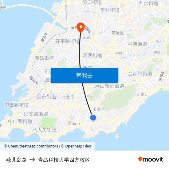 燕儿岛路 to 青岛科技大学四方校区 map