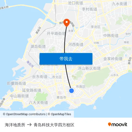 海洋地质所 to 青岛科技大学四方校区 map
