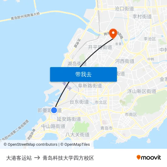 大港客运站 to 青岛科技大学四方校区 map