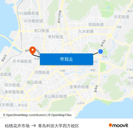 枯桃花卉市场 to 青岛科技大学四方校区 map
