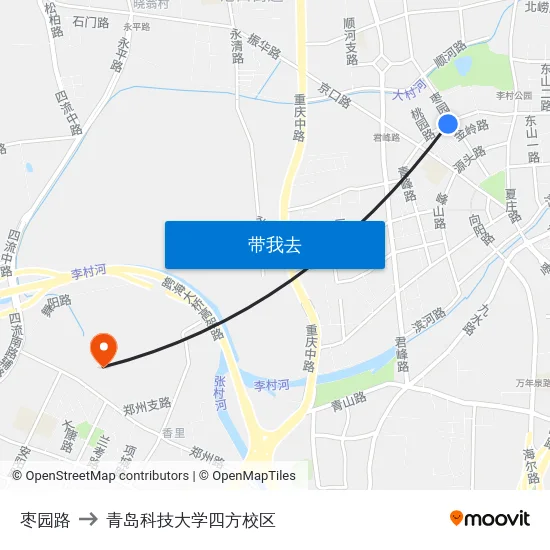 枣园路 to 青岛科技大学四方校区 map