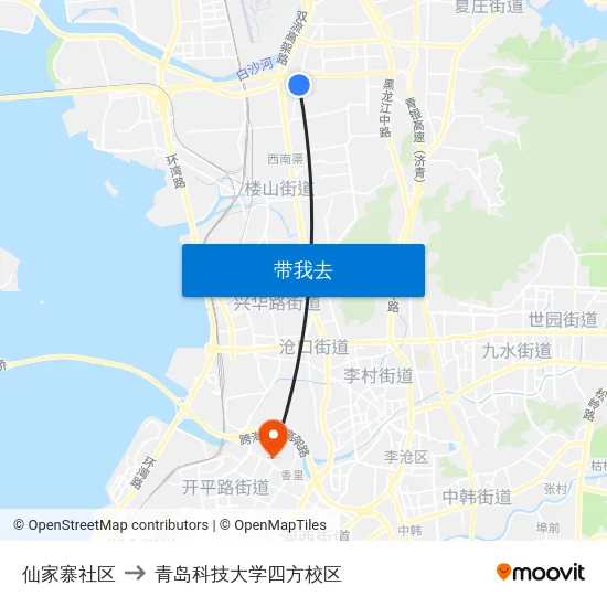 仙家寨社区 to 青岛科技大学四方校区 map