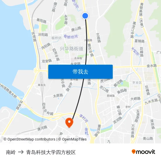 南岭 to 青岛科技大学四方校区 map