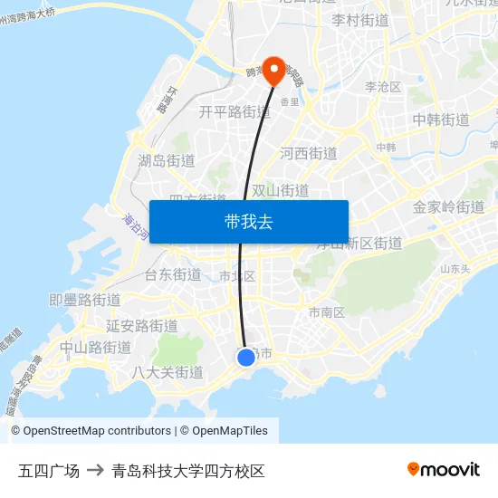 五四广场 to 青岛科技大学四方校区 map