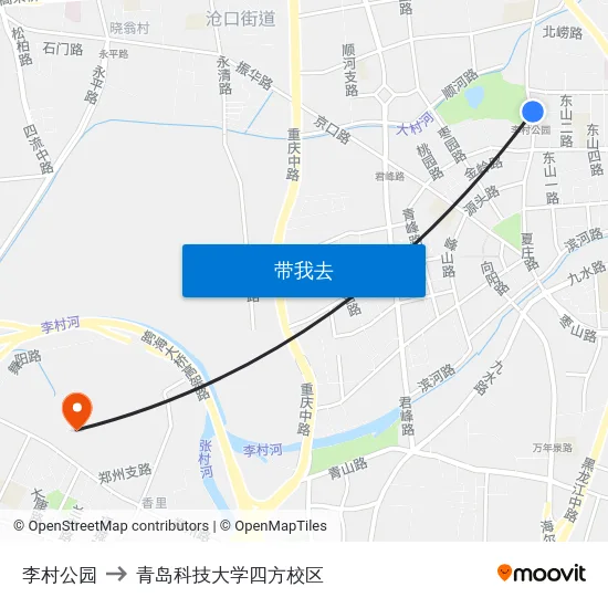 李村公园 to 青岛科技大学四方校区 map