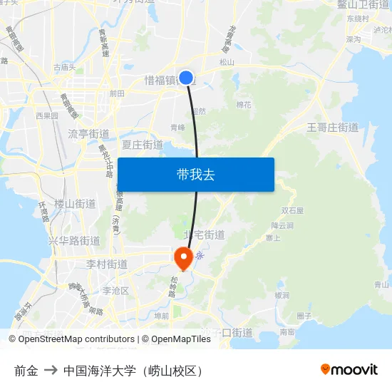 前金 to 中国海洋大学（崂山校区） map