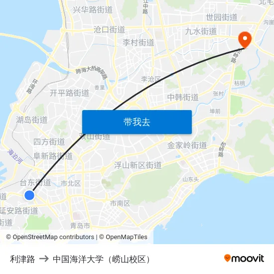 利津路 to 中国海洋大学（崂山校区） map