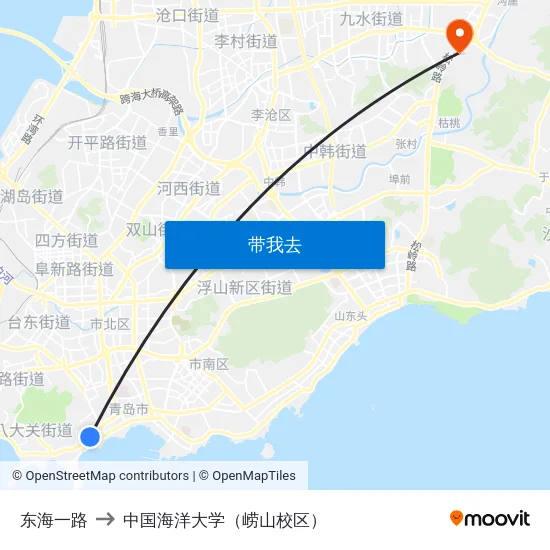 东海一路 to 中国海洋大学（崂山校区） map