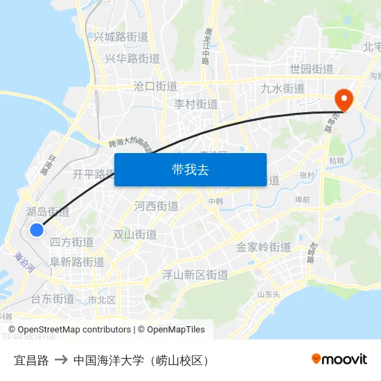 宜昌路 to 中国海洋大学（崂山校区） map