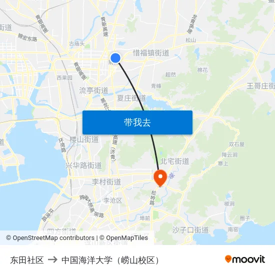 东田社区 to 中国海洋大学（崂山校区） map